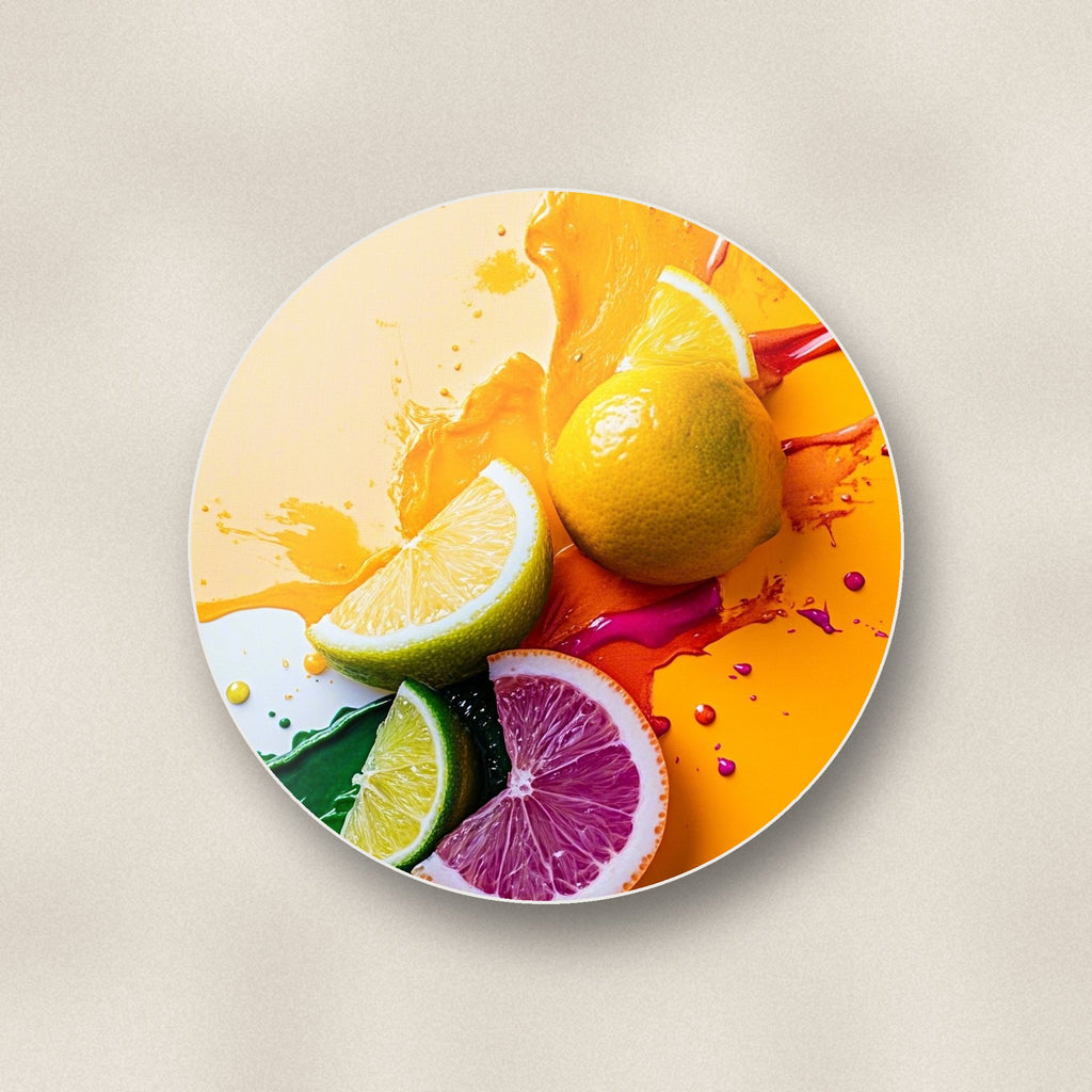 Close-up of one citrus splash round ceramic coaster, flat UV print