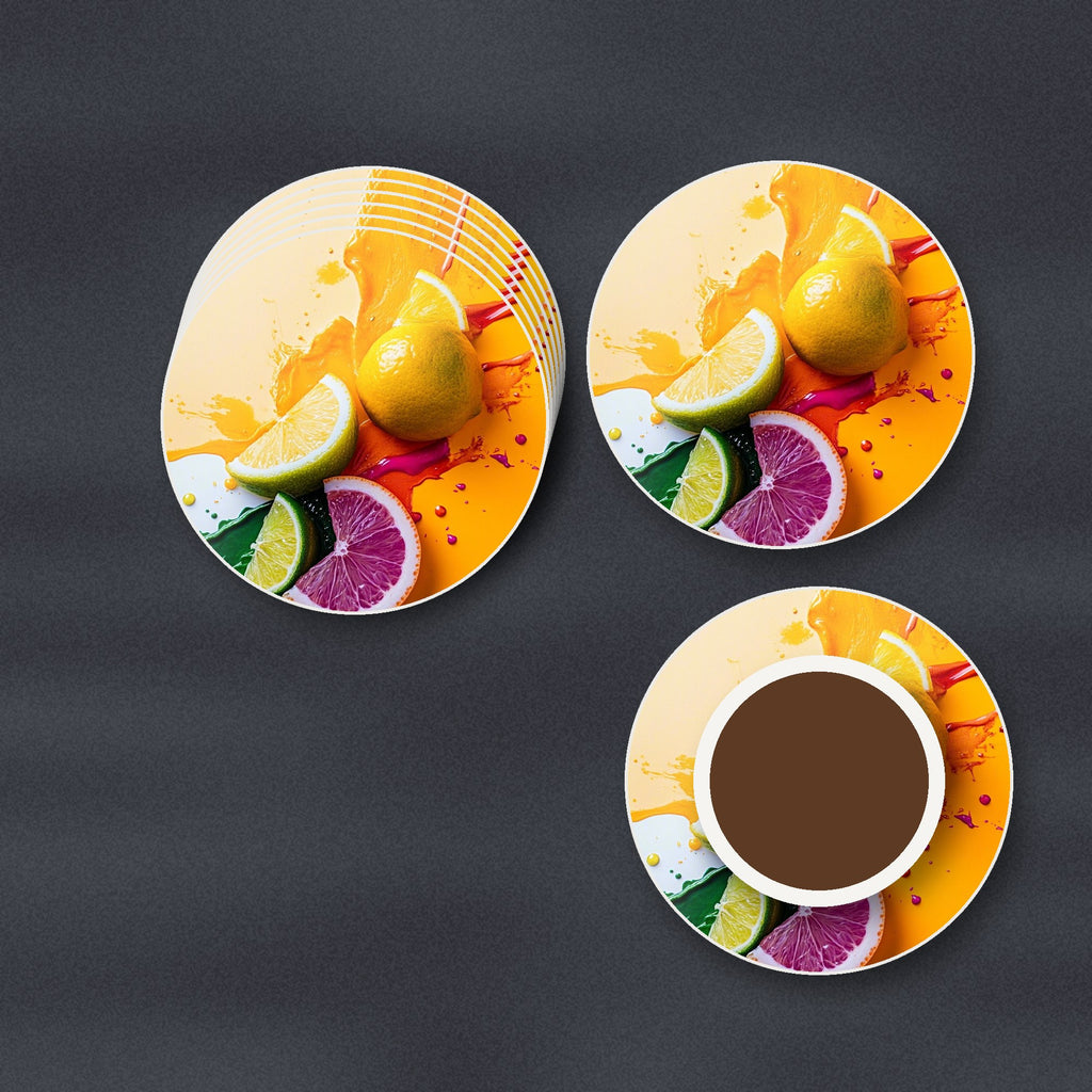 Citrus Splash round ceramic coasters stacked on a slate kitchen worktop