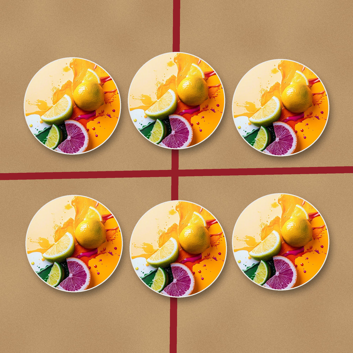 Citrus Splash round ceramic coasters on kraft gift wrap