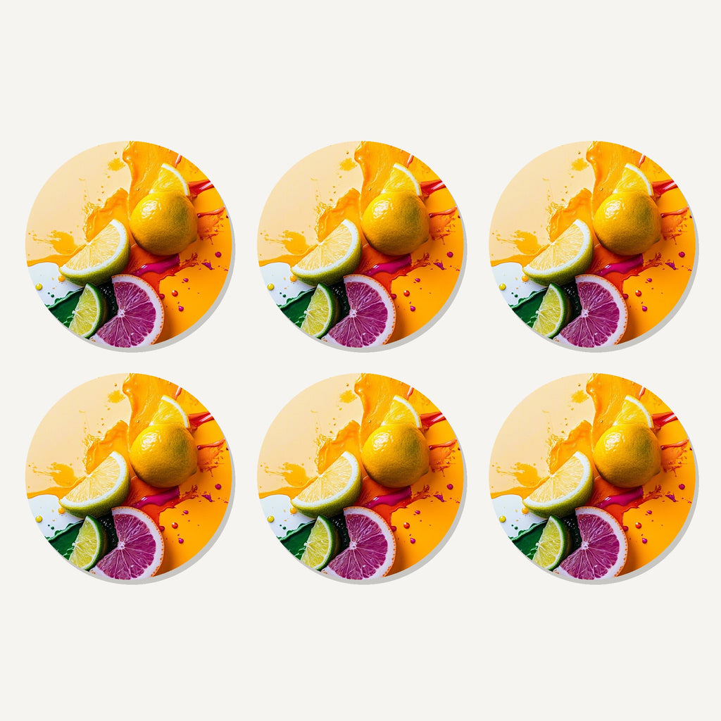 Flat lay of the citrus splash artwork on six round coasters