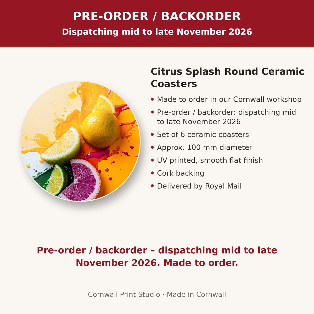 Info card: Citrus Splash Round Ceramic Coasters – Set of 6, made to order, dispatching mid to late November 2026, delivered by Royal Mail