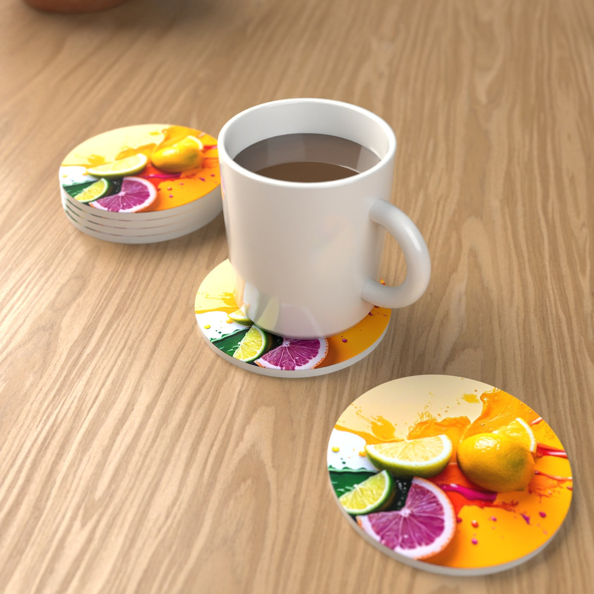 Citrus Splash Round Ceramic Coasters – Set of 6 – lifestyle mockup with a mug of coffee