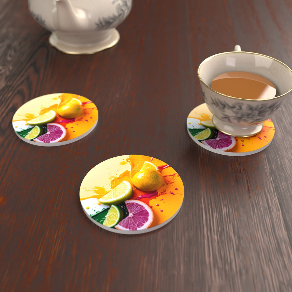 Citrus Splash Round Ceramic Coasters – Set of 6 – lifestyle mockup with a teacup
