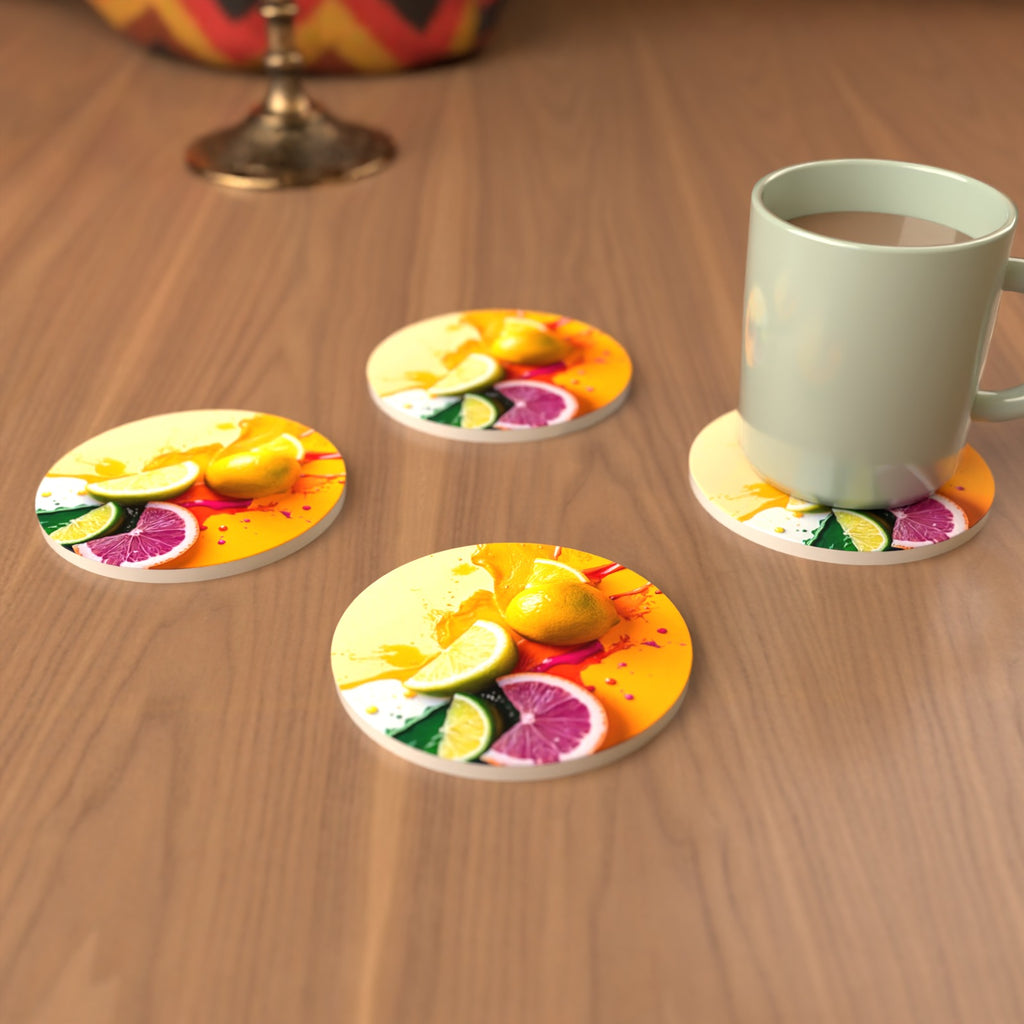 Citrus Splash Round Ceramic Coasters – Set of 6 – cosy lifestyle mockup