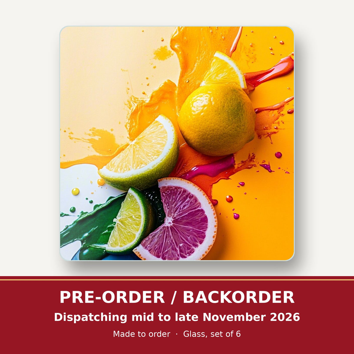 Citrus Splash square glass coaster set of 6 – pre-order / backorder, dispatching mid to late November 2026