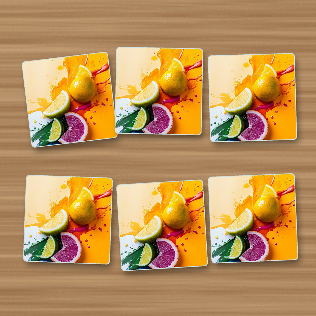 Citrus Splash square glass coasters, set of 6, on an oak coffee table
