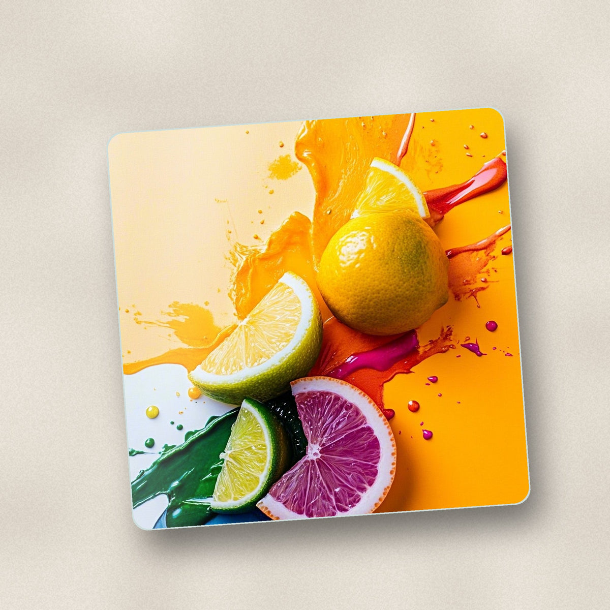 Close-up of one citrus splash square glass coaster, flat UV print