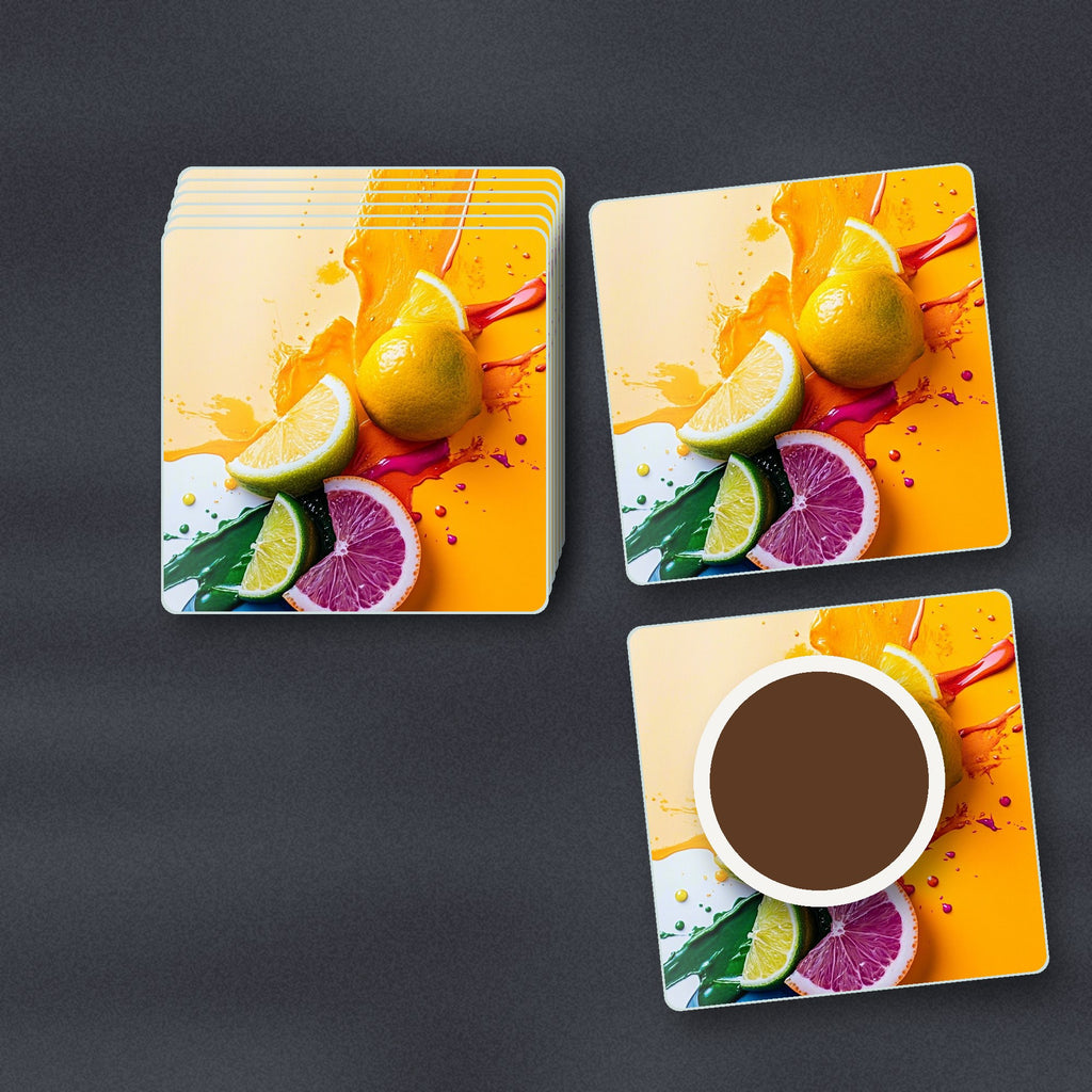Citrus Splash square glass coasters stacked on a slate kitchen worktop