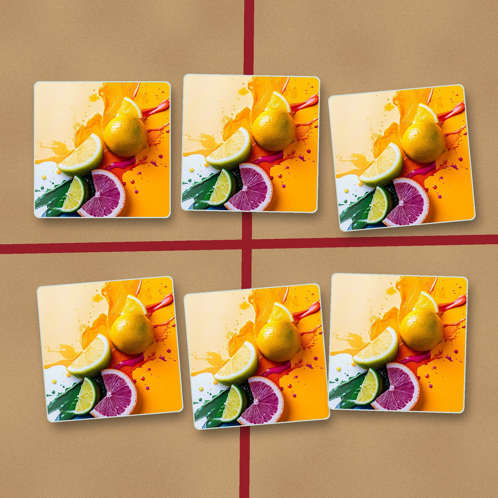Citrus Splash square glass coasters on kraft gift wrap