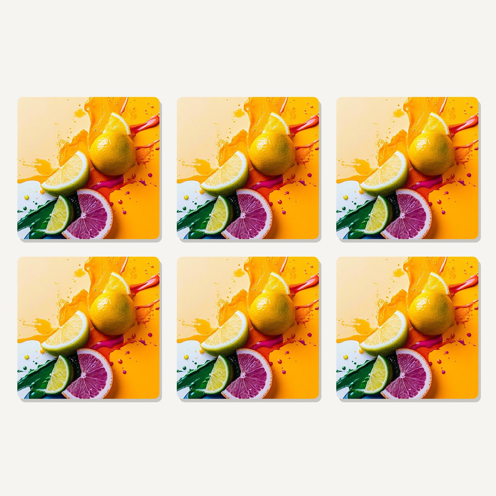 Flat lay of the citrus splash artwork on six square coasters