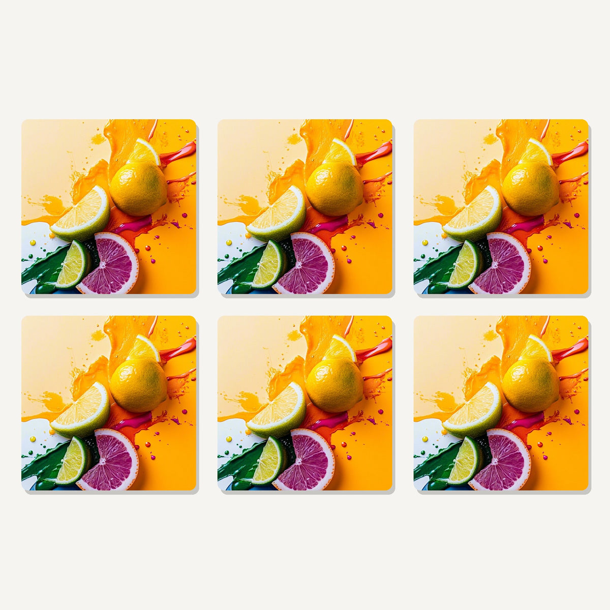 Flat lay of the citrus splash artwork on six square coasters