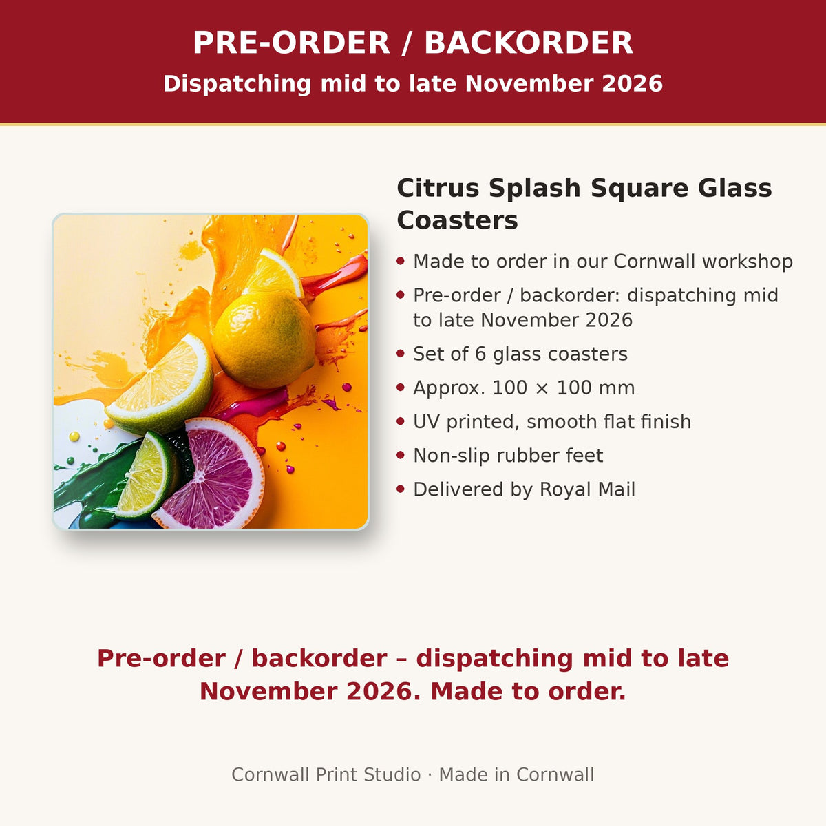 Info card: Citrus Splash Square Glass Coasters – Set of 6, made to order, dispatching mid to late November 2026, delivered by Royal Mail