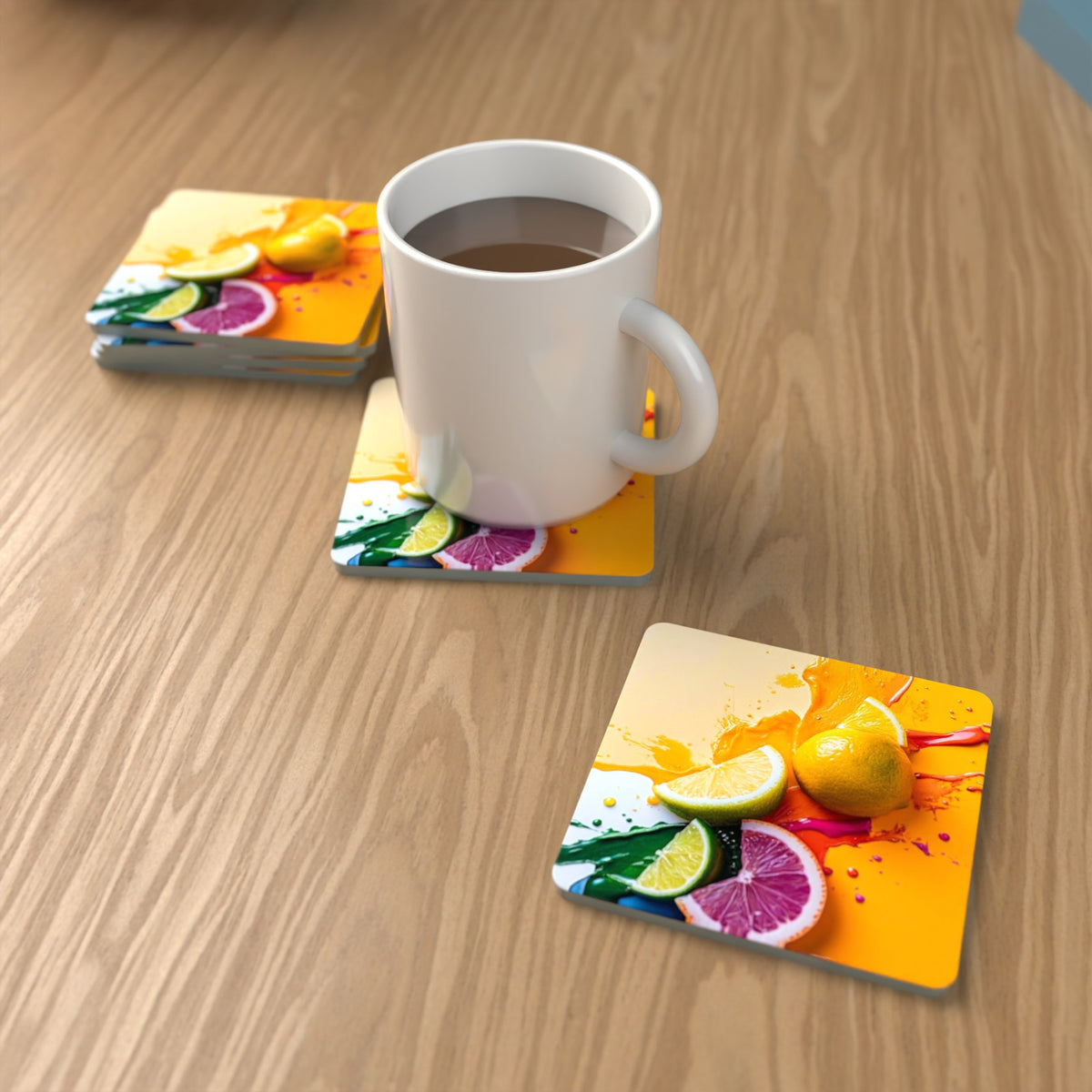 Citrus Splash Square Glass Coasters – Set of 6 – lifestyle mockup with a mug of coffee