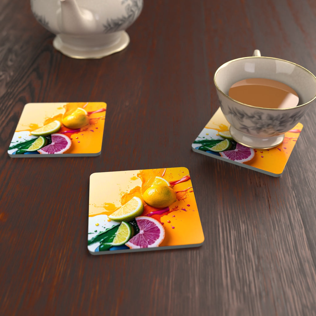 Citrus Splash Square Glass Coasters – Set of 6 – lifestyle mockup with a teacup