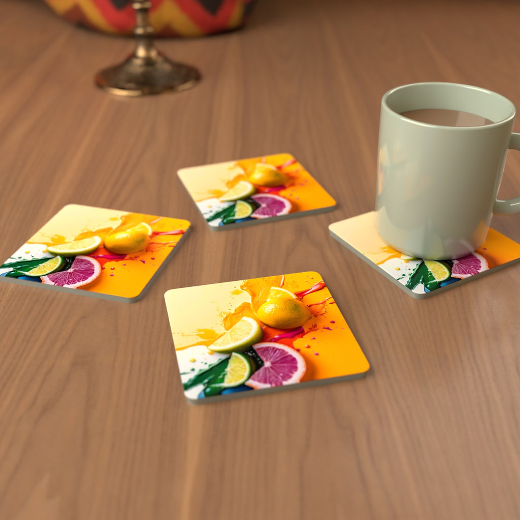 Citrus Splash Square Glass Coasters – Set of 6 – cosy lifestyle mockup