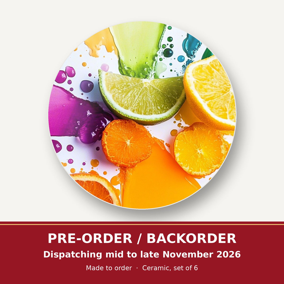 Citrus & Lime Colour Splash round ceramic coaster set of 6 – pre-order / backorder, dispatching mid to late November 2026