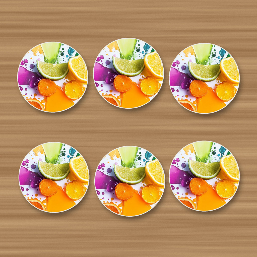 Citrus & Lime Colour Splash round ceramic coasters, set of 6, on an oak coffee table