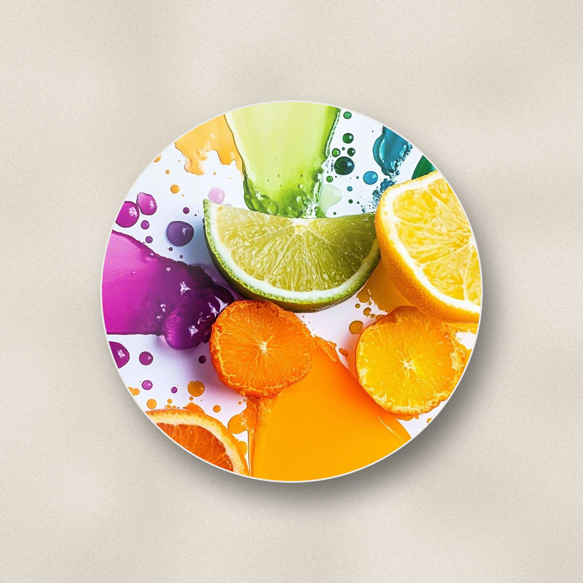Close-up of one citrus & lime colour splash round ceramic coaster, flat UV print