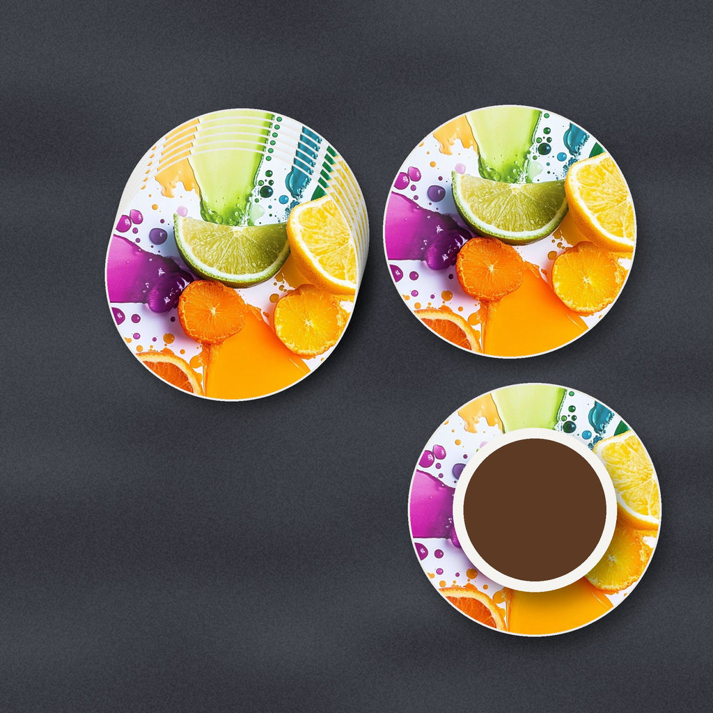 Citrus & Lime Colour Splash round ceramic coasters stacked on a slate kitchen worktop