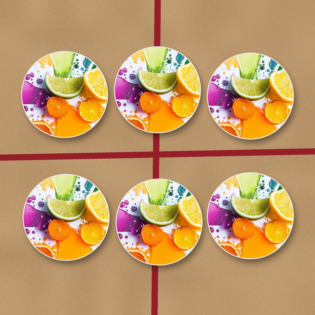 Citrus & Lime Colour Splash round ceramic coasters on kraft gift wrap