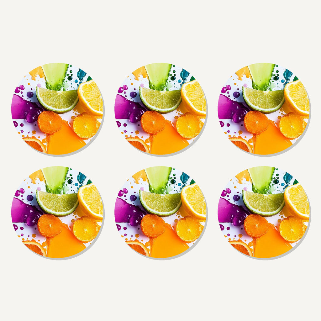 Flat lay of the citrus & lime colour splash artwork on six round coasters