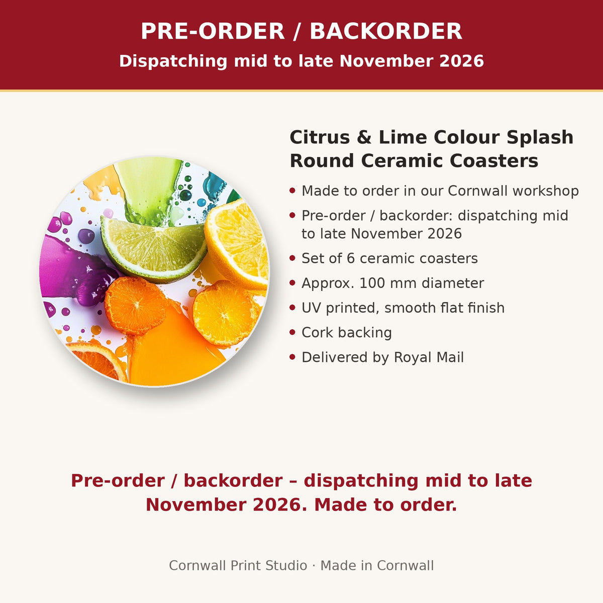 Info card: Citrus & Lime Colour Splash Round Ceramic Coasters – Set of 6, made to order, dispatching mid to late November 2026, delivered by Royal Mail