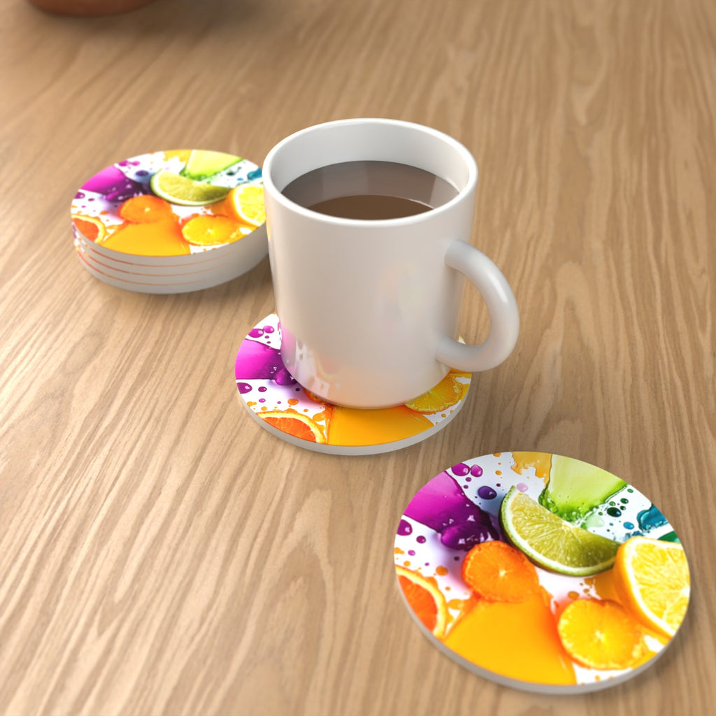Citrus & Lime Colour Splash Round Ceramic Coasters – Set of 6 – lifestyle mockup with a mug of coffee