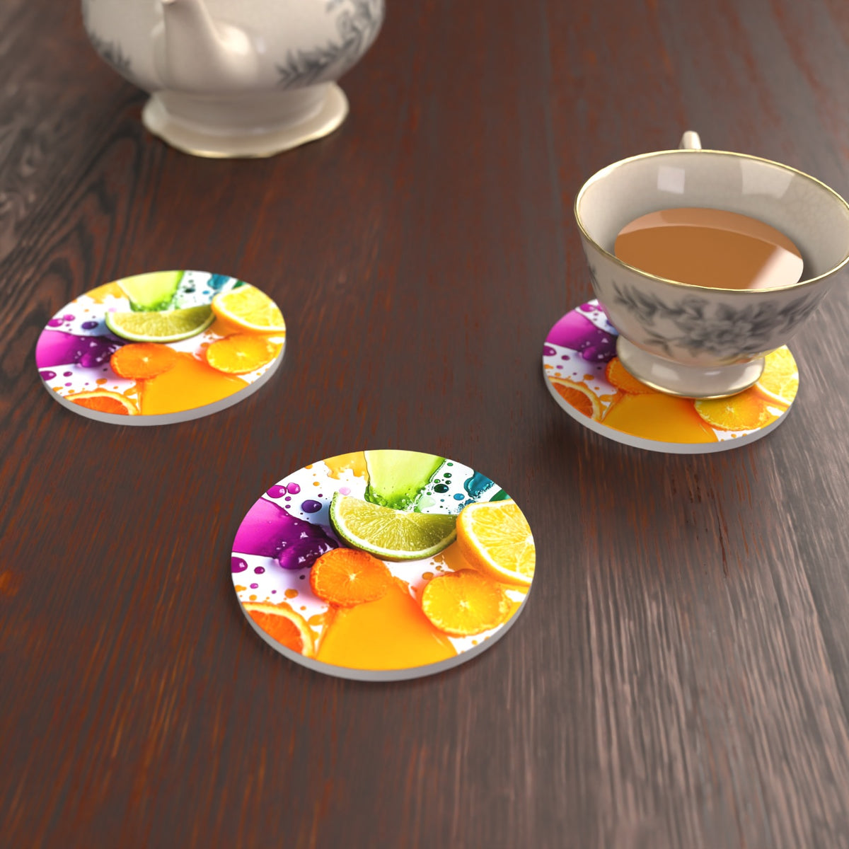 Citrus & Lime Colour Splash Round Ceramic Coasters – Set of 6 – lifestyle mockup with a teacup