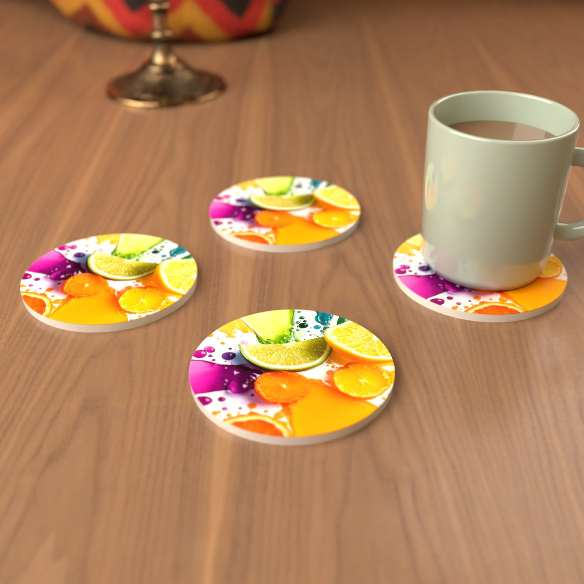 Citrus & Lime Colour Splash Round Ceramic Coasters – Set of 6 – cosy lifestyle mockup