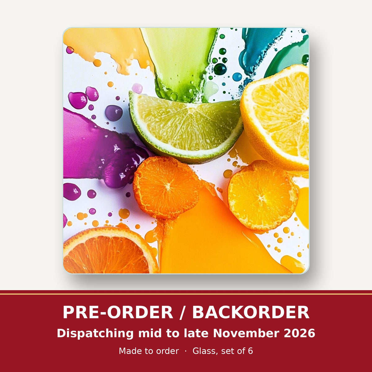 Citrus & Lime Colour Splash square glass coaster set of 6 – pre-order / backorder, dispatching mid to late November 2026