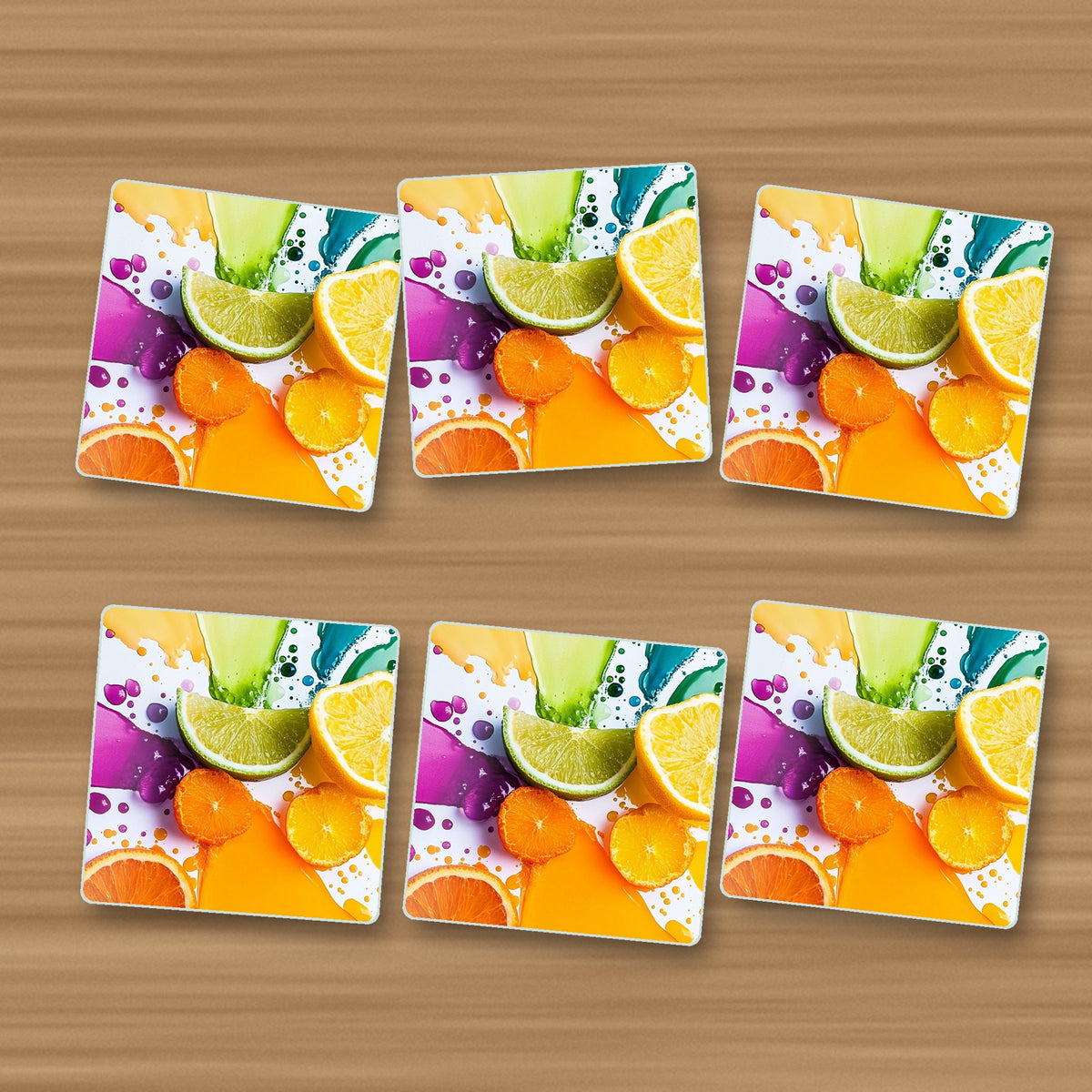 Citrus & Lime Colour Splash square glass coasters, set of 6, on an oak coffee table