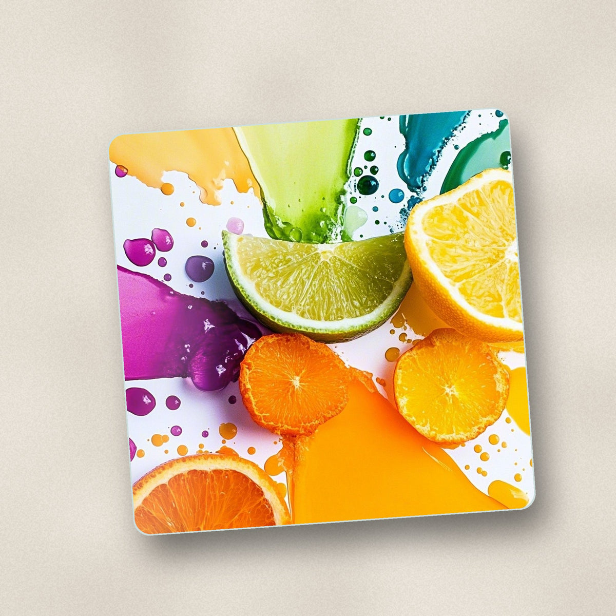 Close-up of one citrus & lime colour splash square glass coaster, flat UV print