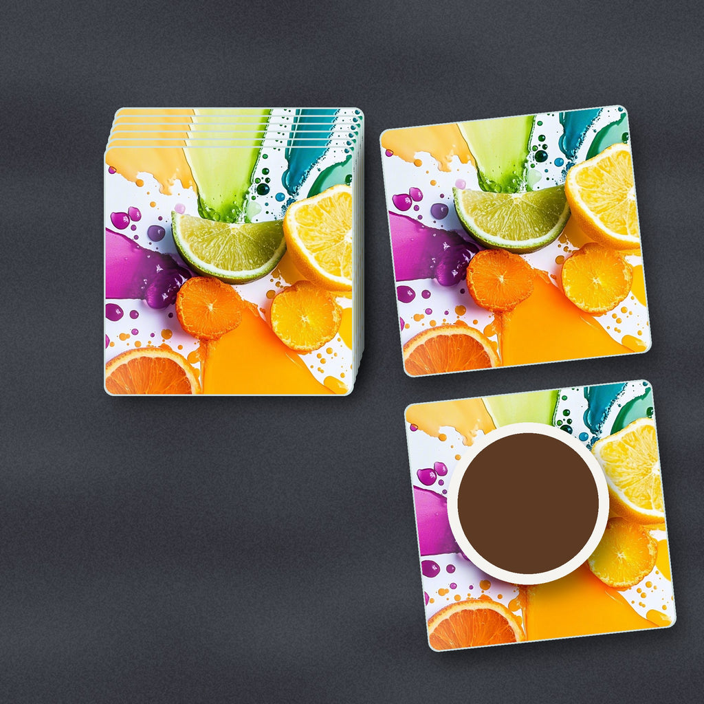Citrus & Lime Colour Splash square glass coasters stacked on a slate kitchen worktop