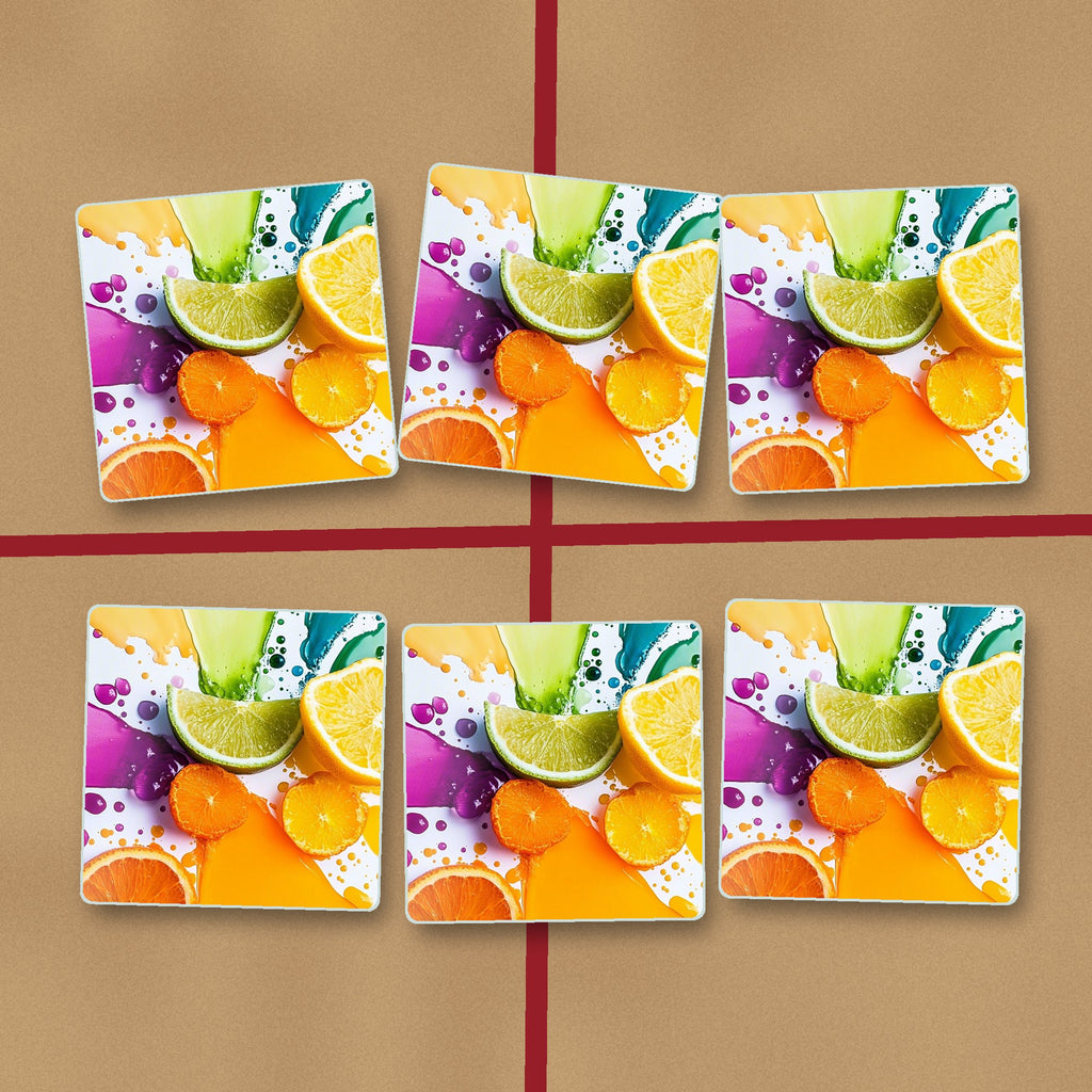 Citrus & Lime Colour Splash square glass coasters on kraft gift wrap