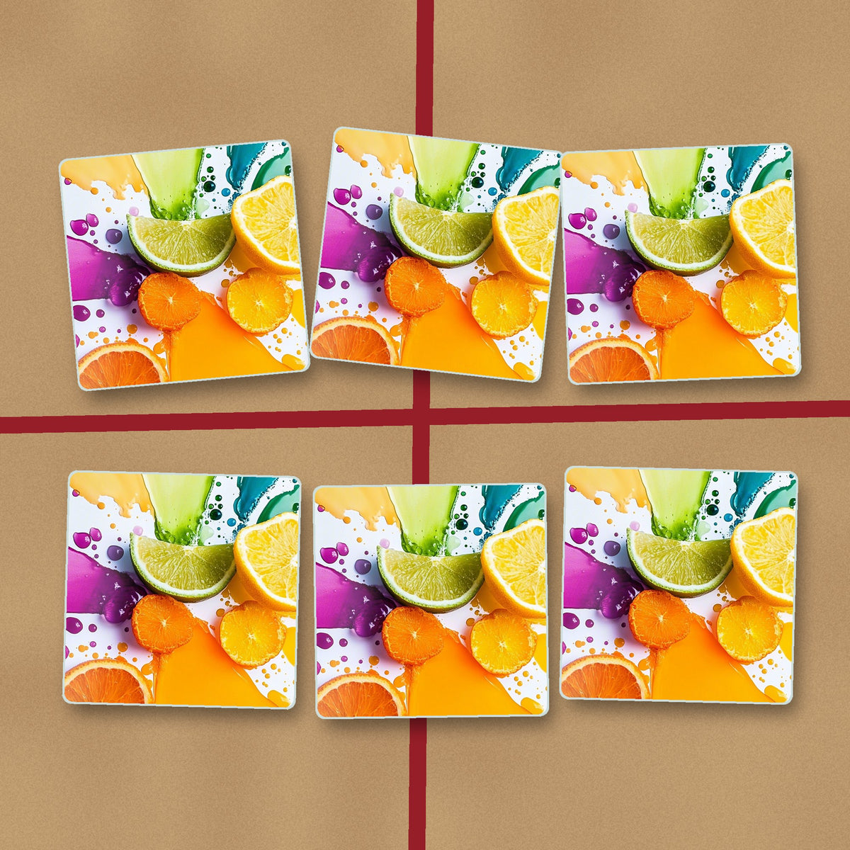 Citrus & Lime Colour Splash square glass coasters on kraft gift wrap