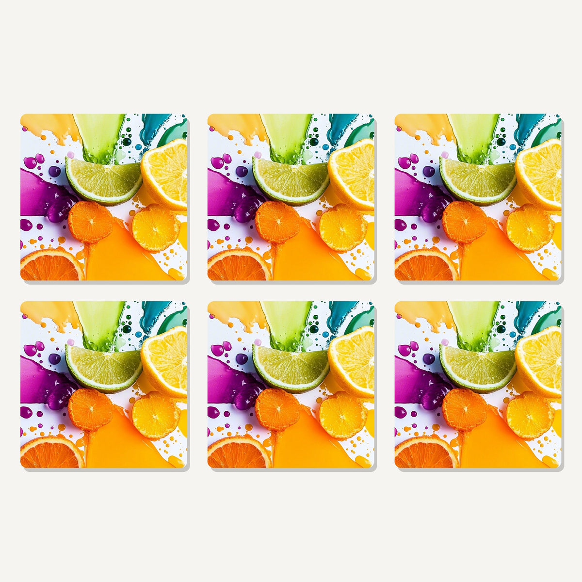 Flat lay of the citrus & lime colour splash artwork on six square coasters