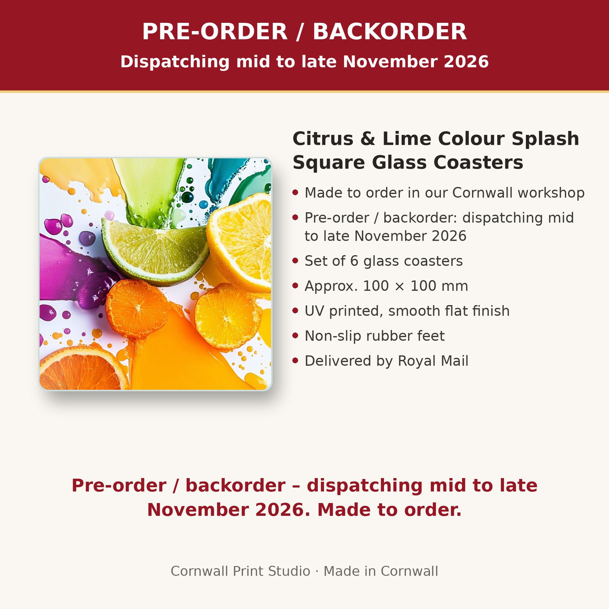 Info card: Citrus & Lime Colour Splash Square Glass Coasters – Set of 6, made to order, dispatching mid to late November 2026, delivered by Royal Mail