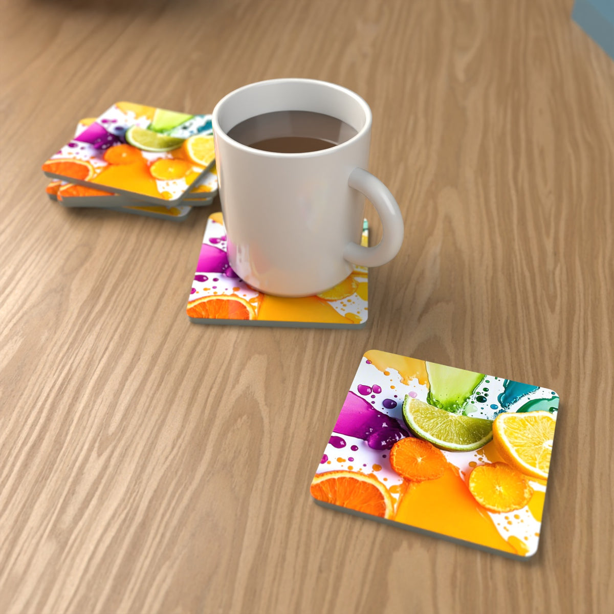 Citrus & Lime Colour Splash Square Glass Coasters – Set of 6 – lifestyle mockup with a mug of coffee