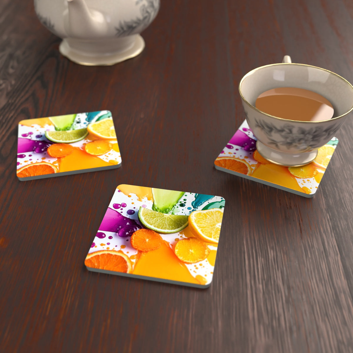 Citrus & Lime Colour Splash Square Glass Coasters – Set of 6 – lifestyle mockup with a teacup
