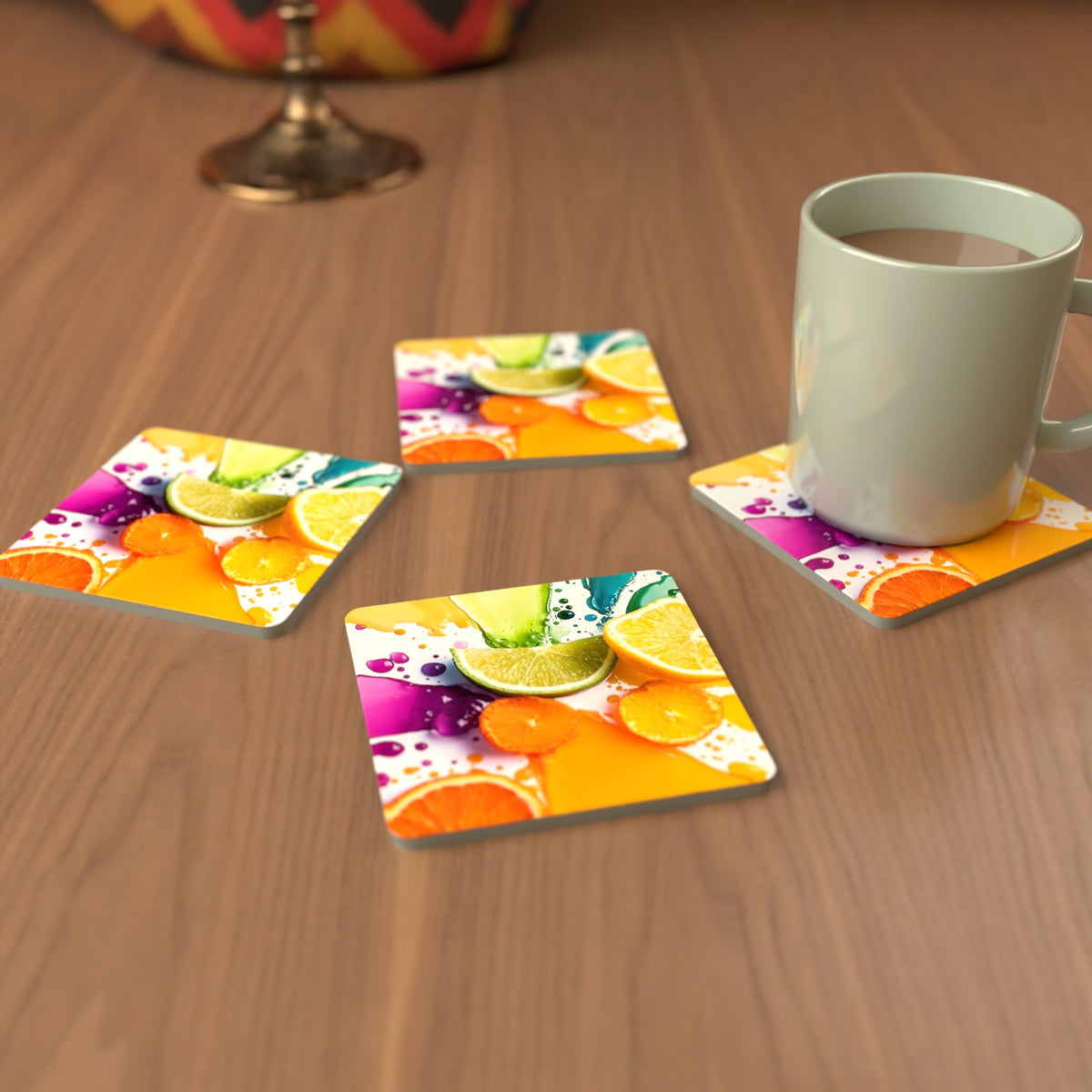 Citrus & Lime Colour Splash Square Glass Coasters – Set of 6 – cosy lifestyle mockup