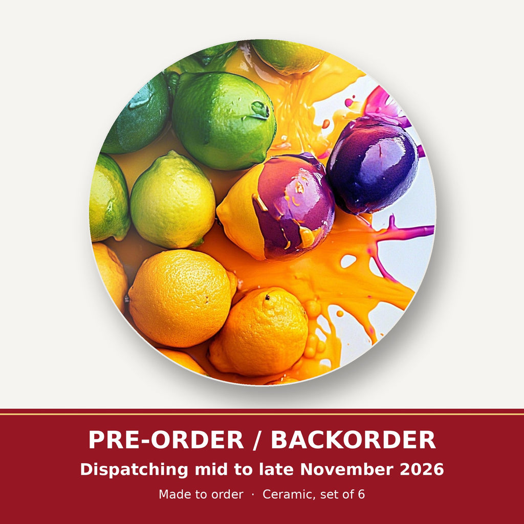 Lemons, Limes & Plums Splash round ceramic coaster set of 6 – pre-order / backorder, dispatching mid to late November 2026