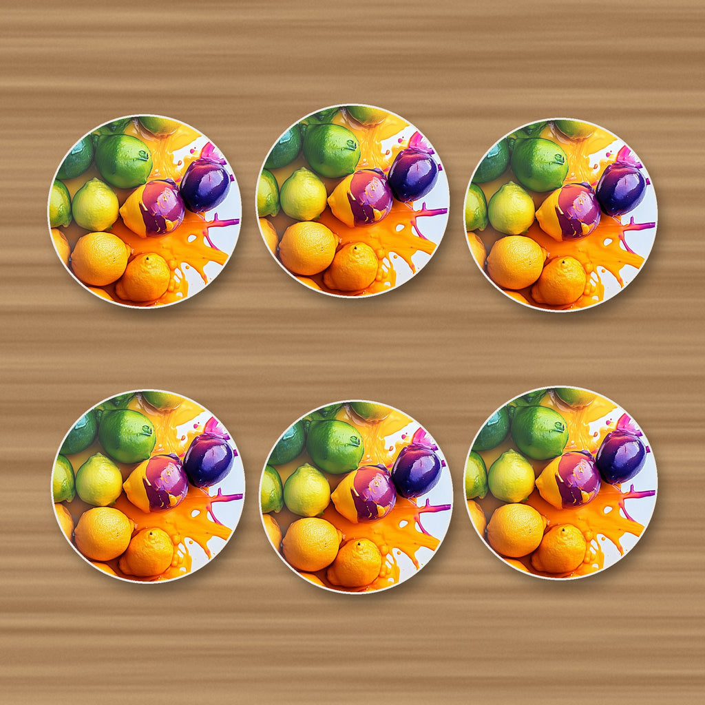 Lemons, Limes & Plums Splash round ceramic coasters, set of 6, on an oak coffee table