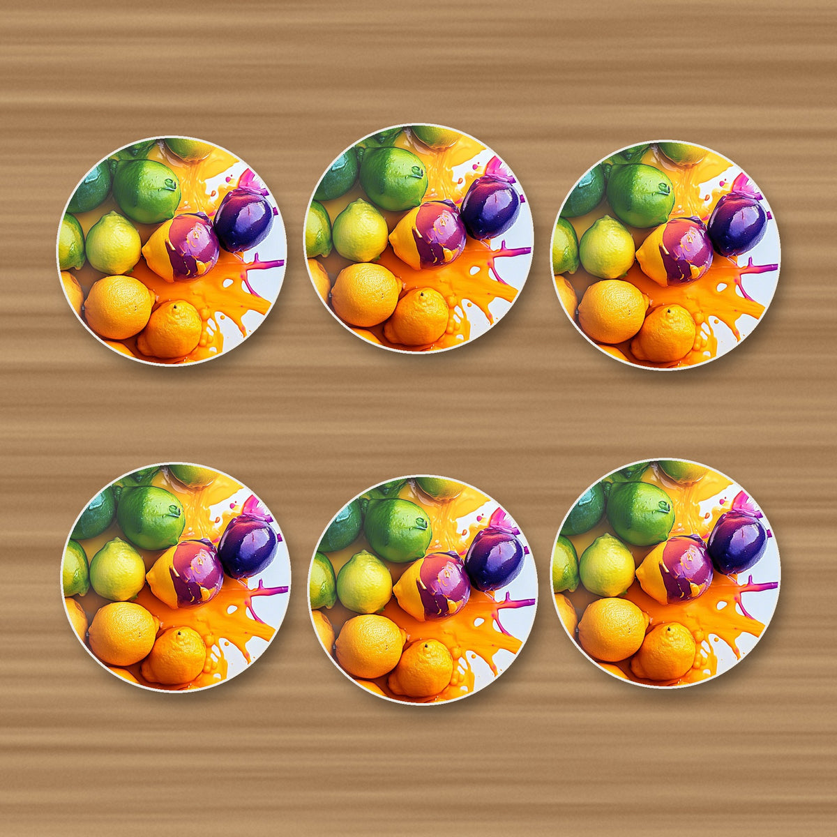Lemons, Limes & Plums Splash round ceramic coasters, set of 6, on an oak coffee table