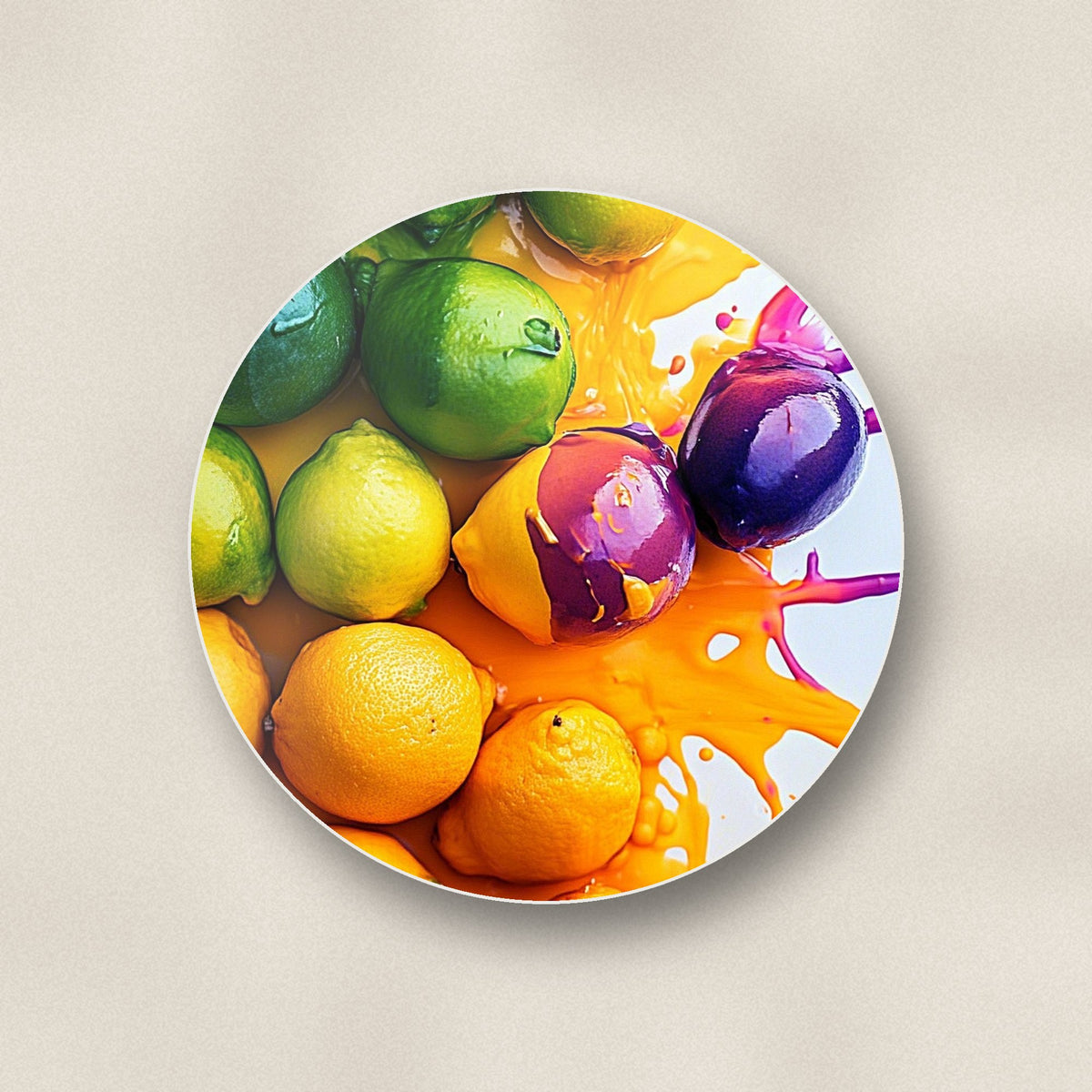 Close-up of one lemons, limes & plums splash round ceramic coaster, flat UV print