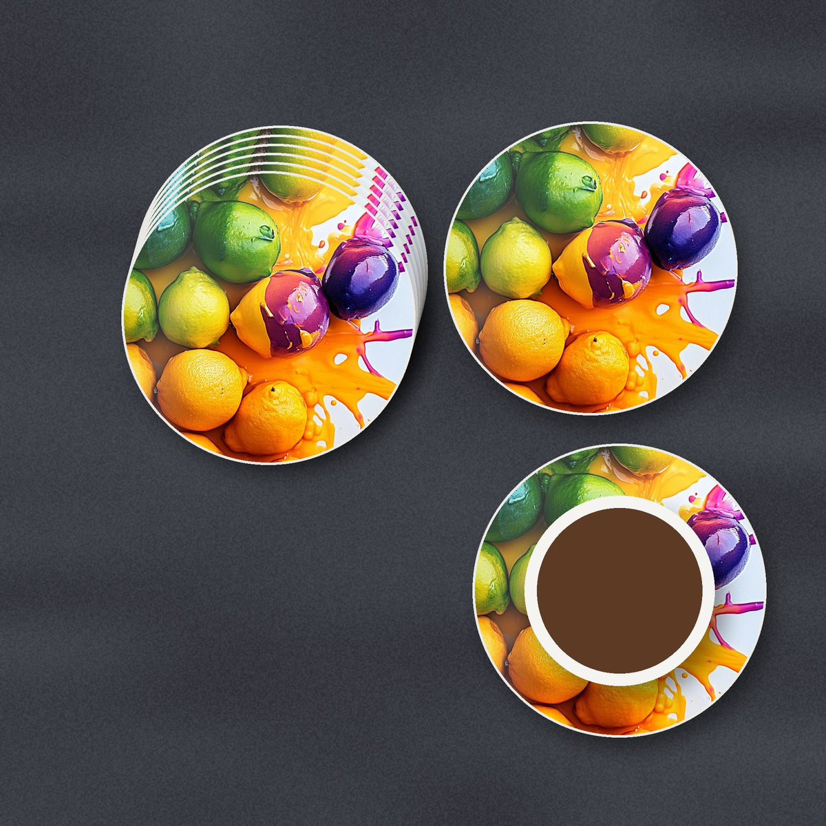 Lemons, Limes & Plums Splash round ceramic coasters stacked on a slate kitchen worktop