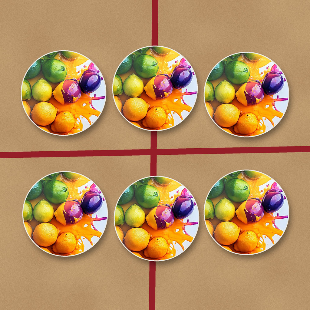 Lemons, Limes & Plums Splash round ceramic coasters on kraft gift wrap