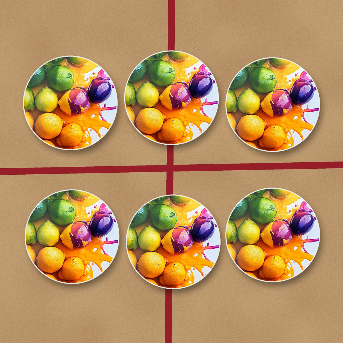 Lemons, Limes & Plums Splash round ceramic coasters on kraft gift wrap