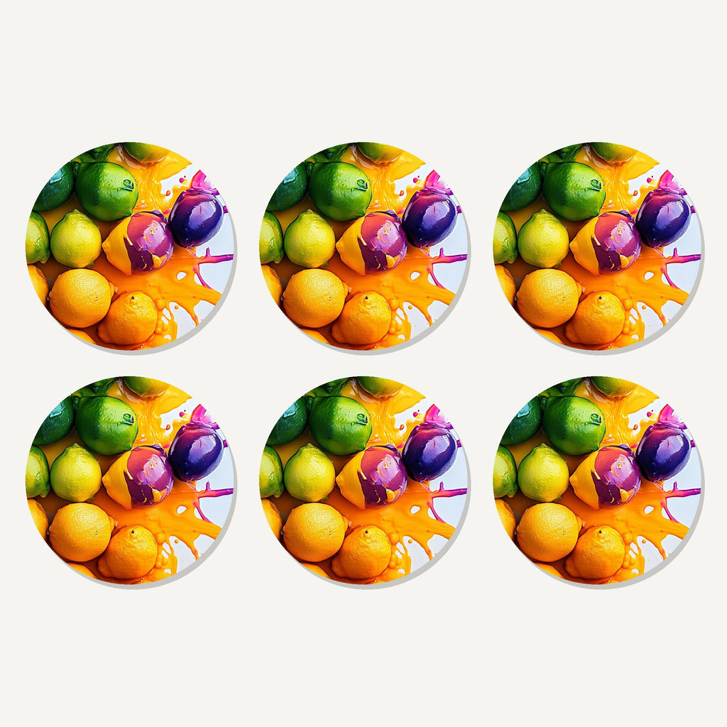 Flat lay of the lemons, limes & plums splash artwork on six round coasters