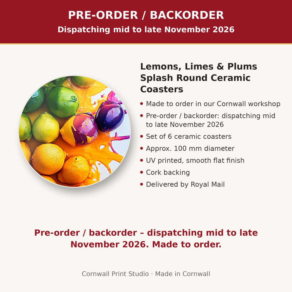 Info card: Lemons, Limes & Plums Splash Round Ceramic Coasters – Set of 6, made to order, dispatching mid to late November 2026, delivered by Royal Mail