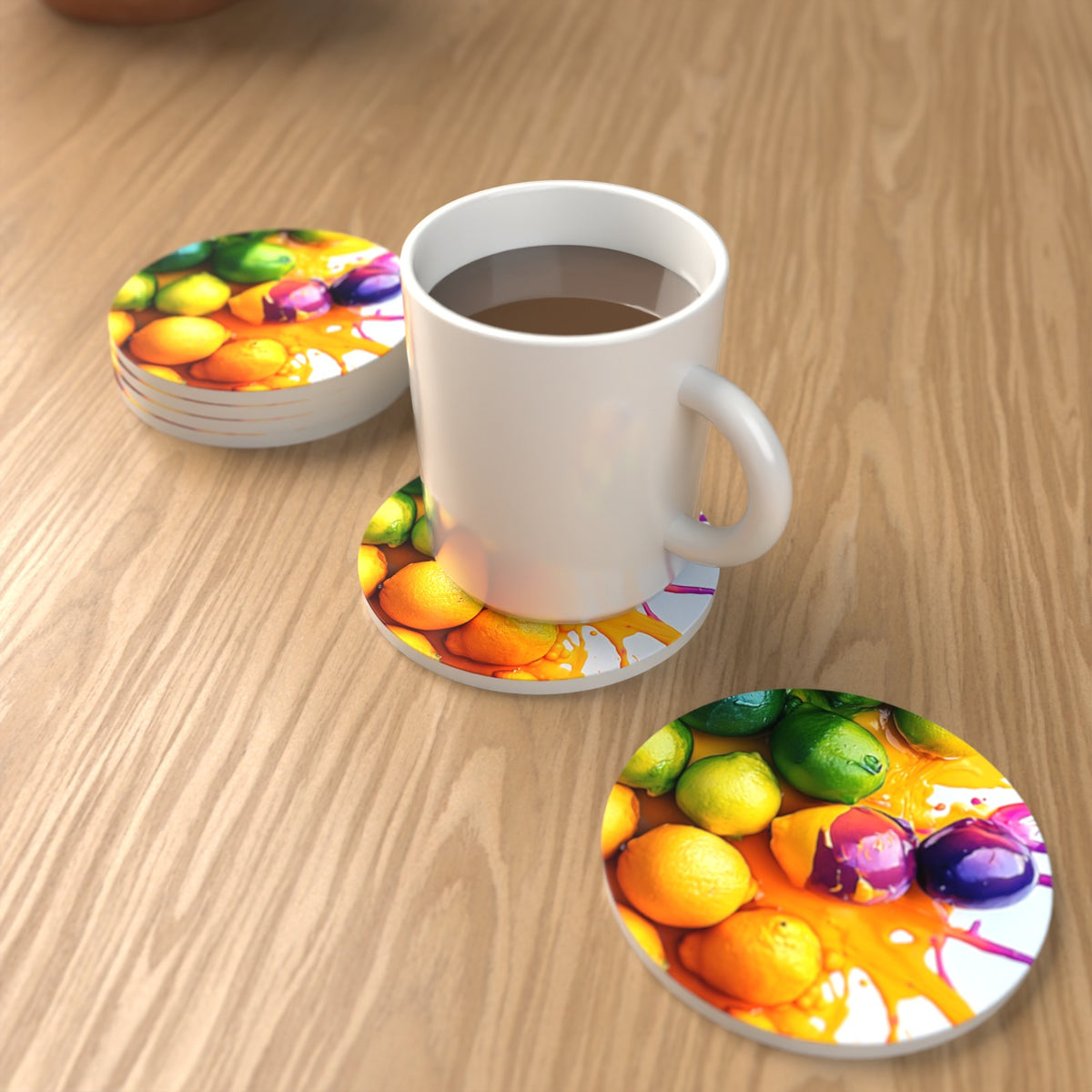 Lemons, Limes & Plums Splash Round Ceramic Coasters – Set of 6 – lifestyle mockup with a mug of coffee